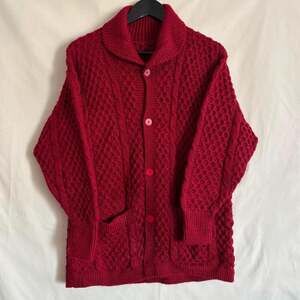 VTG Hand Knit Oversized Cherry Red Chunky Textured Cardigan - Size M